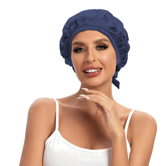 Cocheng silk bonnet navy blue front view with adjustable band for secure night-time wear