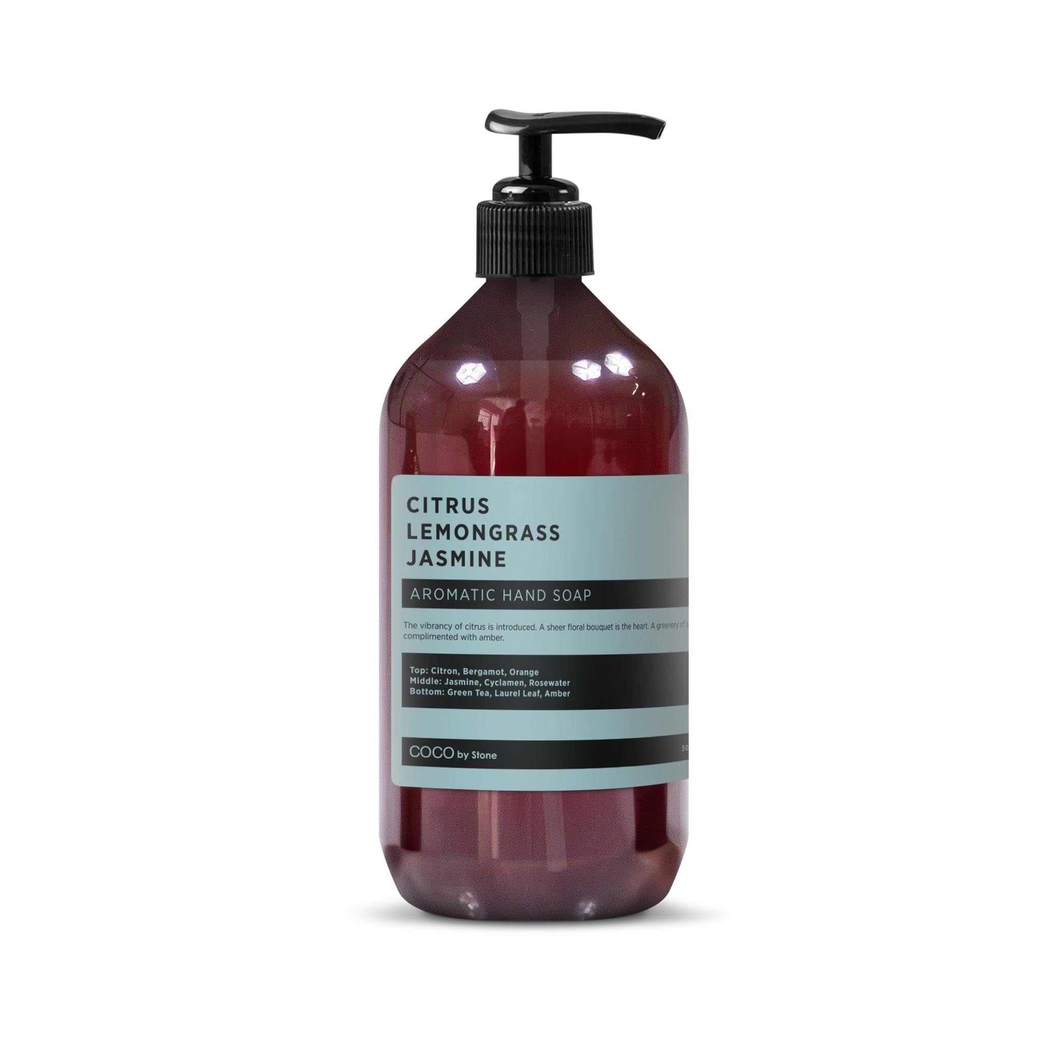 COCO by Stone hand soap bottle with citrus-lemongrass-jasmine aroma for daily luxury.