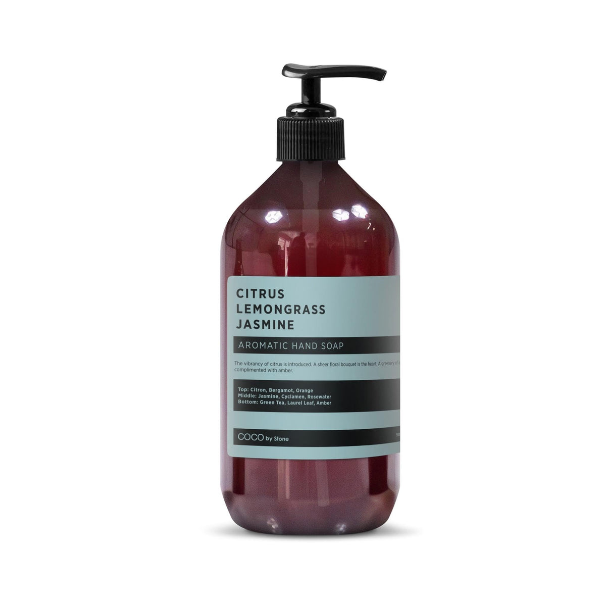 COCO by Stone hand soap bottle with citrus-lemongrass-jasmine aroma for daily luxury.