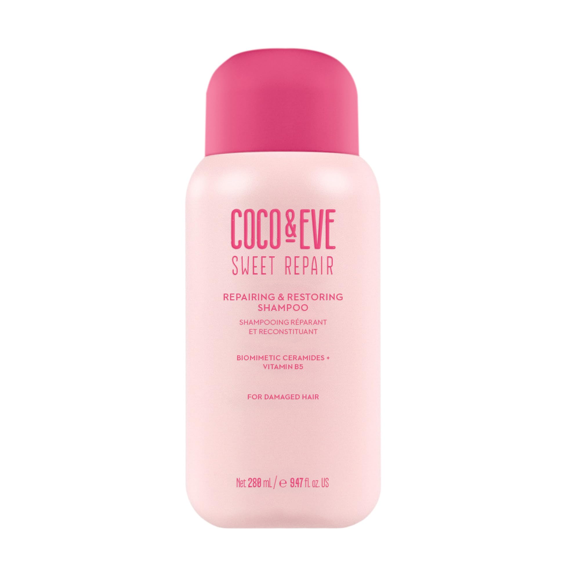 Coco & Eve Repairing Shampoo bottle on display highlights premium nourishment.