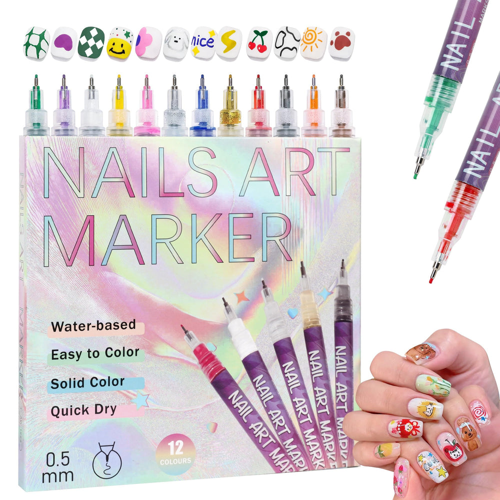 Cocobeen 12-color nail art pens set front view for quick-dry DIY designs.