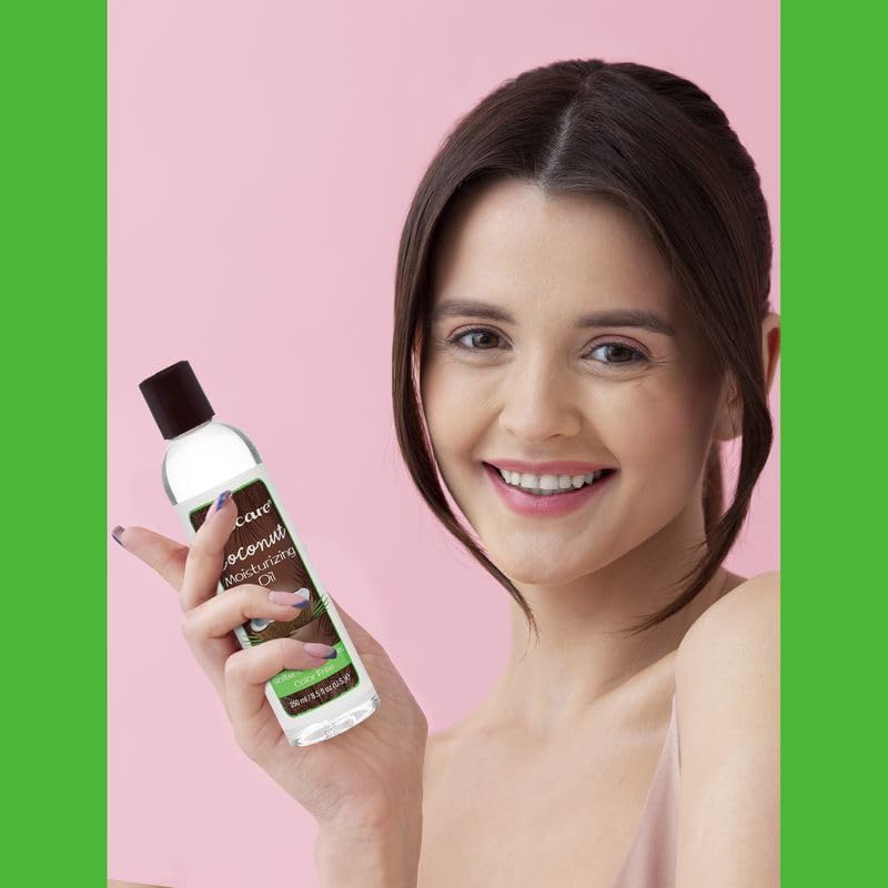 COCOCARE Coconut Moisturizing Oil packaging shown, emphasizing simple, minimal ingredients.