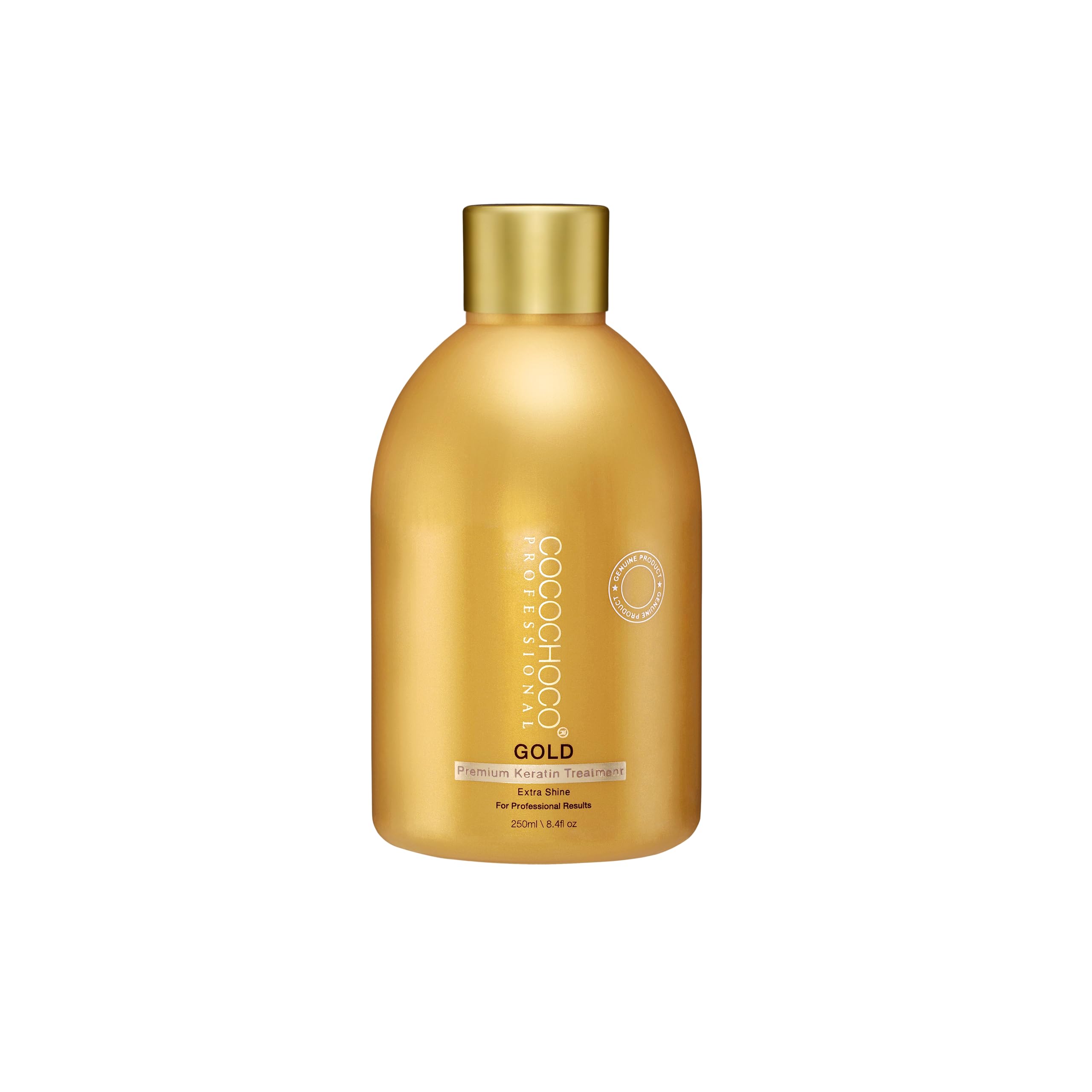 COCOCHOCO Cocochoco Gold keratin treatment bottle emphasizing long-lasting gloss and smooth hair.