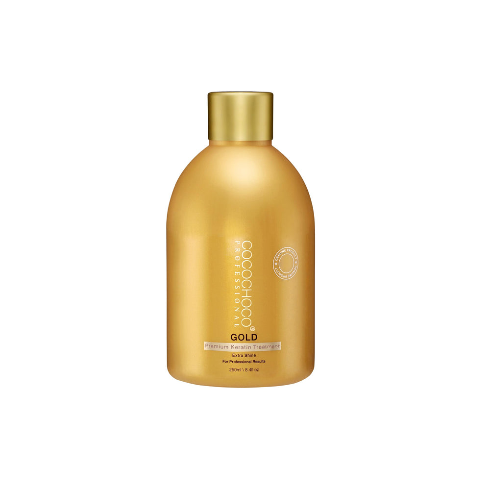COCOCHOCO Cocochoco Gold keratin treatment bottle emphasizing long-lasting gloss and smooth hair.