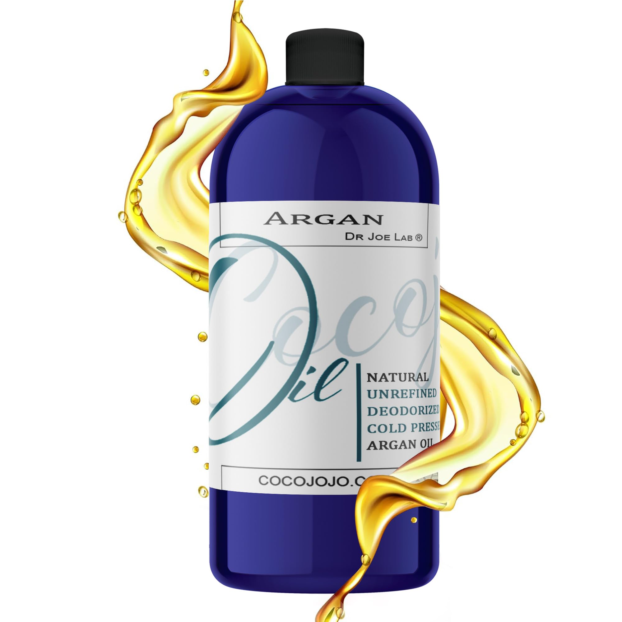 cocojojo Argan Oil Deodorized bottle close-up, hydrates hair and tames frizz for smooth strands.