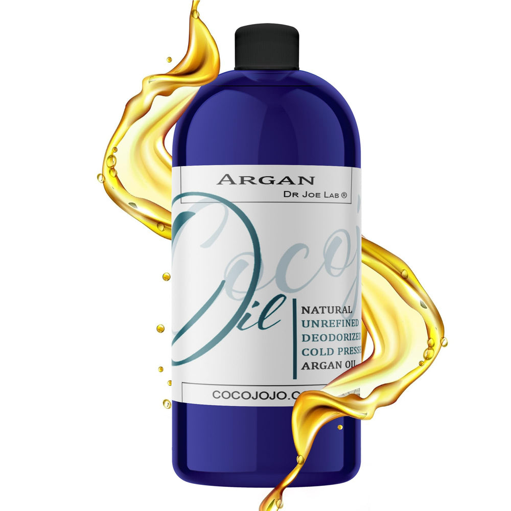 cocojojo Argan Oil Deodorized bottle close-up, hydrates hair and tames frizz for smooth strands.