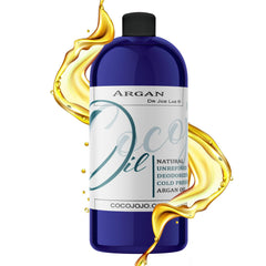 cocojojo Argan Oil Deodorized bottle close-up, hydrates hair and tames frizz for smooth strands.