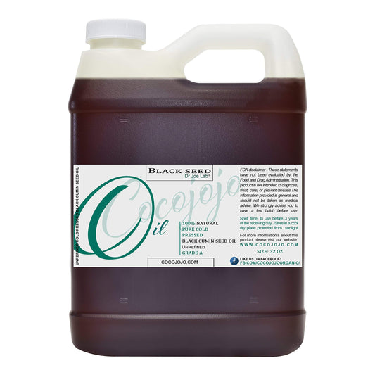 Cocojojo Black Seed Oil label close-up highlighting purity and cold-pressed extraction.