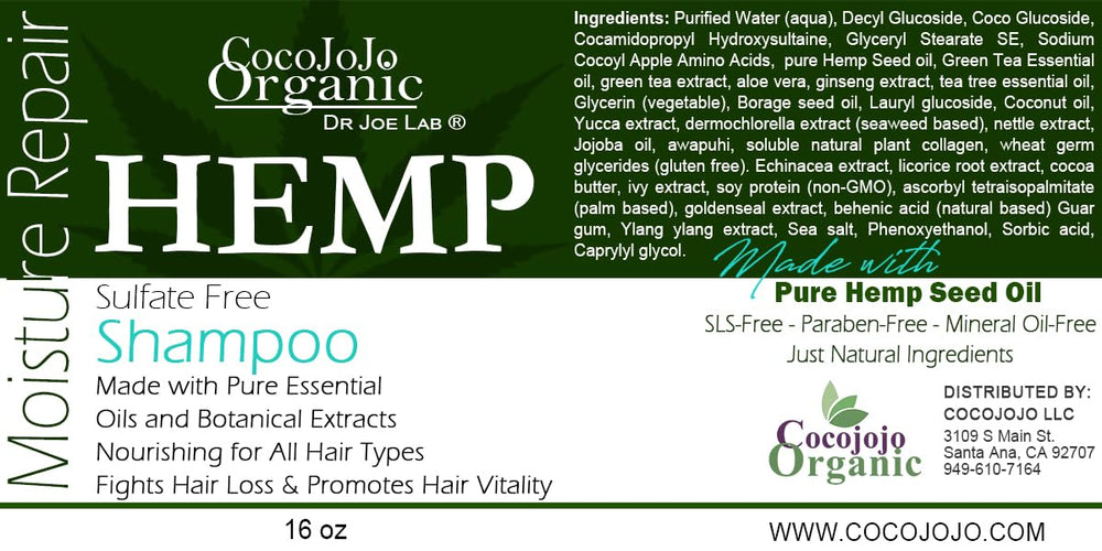Cocojojo hemp seed oil ingredient suggests nourishing scalp care.