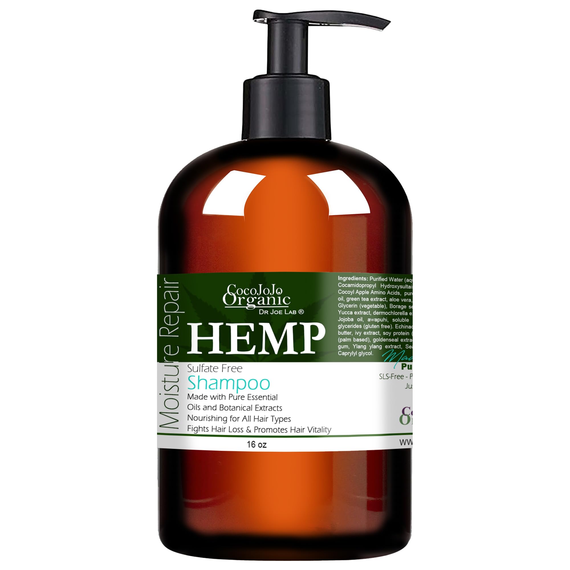 Cocojojo hemp shampoo bottle promotes hydration for all hair types.