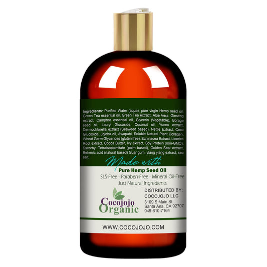 Cocojojo hemp shampoo label closeup highlights natural ingredients.