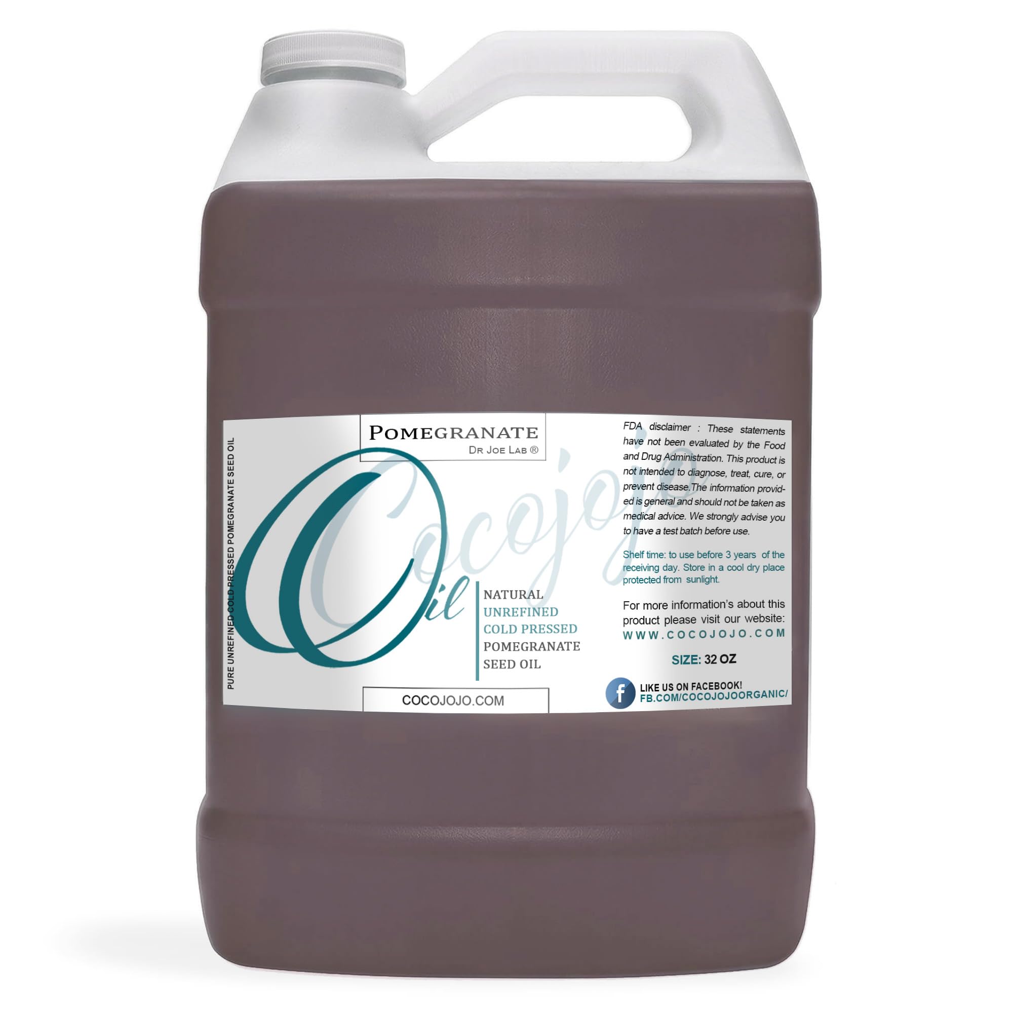 Cocojojo Pomegranate Oil bottle 32oz demonstrating deep hydration for skin.