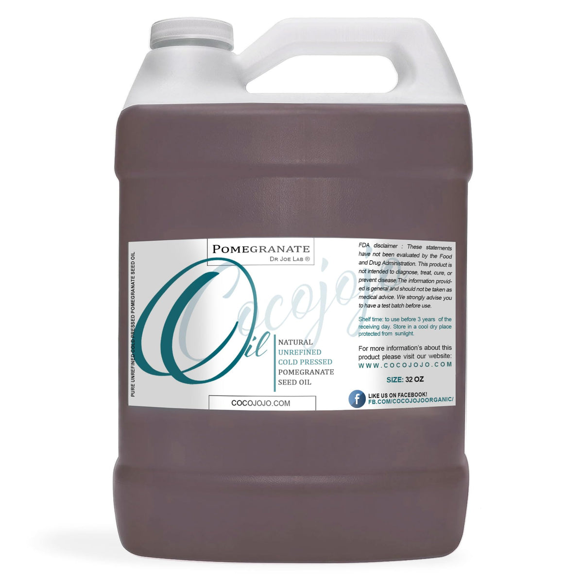 Cocojojo Pomegranate Oil bottle 32oz demonstrating deep hydration for skin.