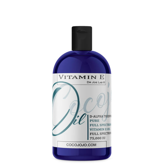 Cocojojo Vitamin E Oil bottle shown for pure, multi-use skin and hair care.
