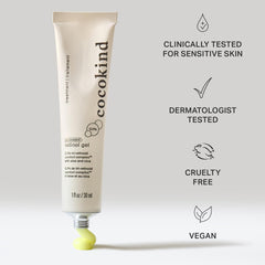 Cocokind Beginner Retinol Gel label close-up highlighting tri-retinoid complex for sensitive skin.
