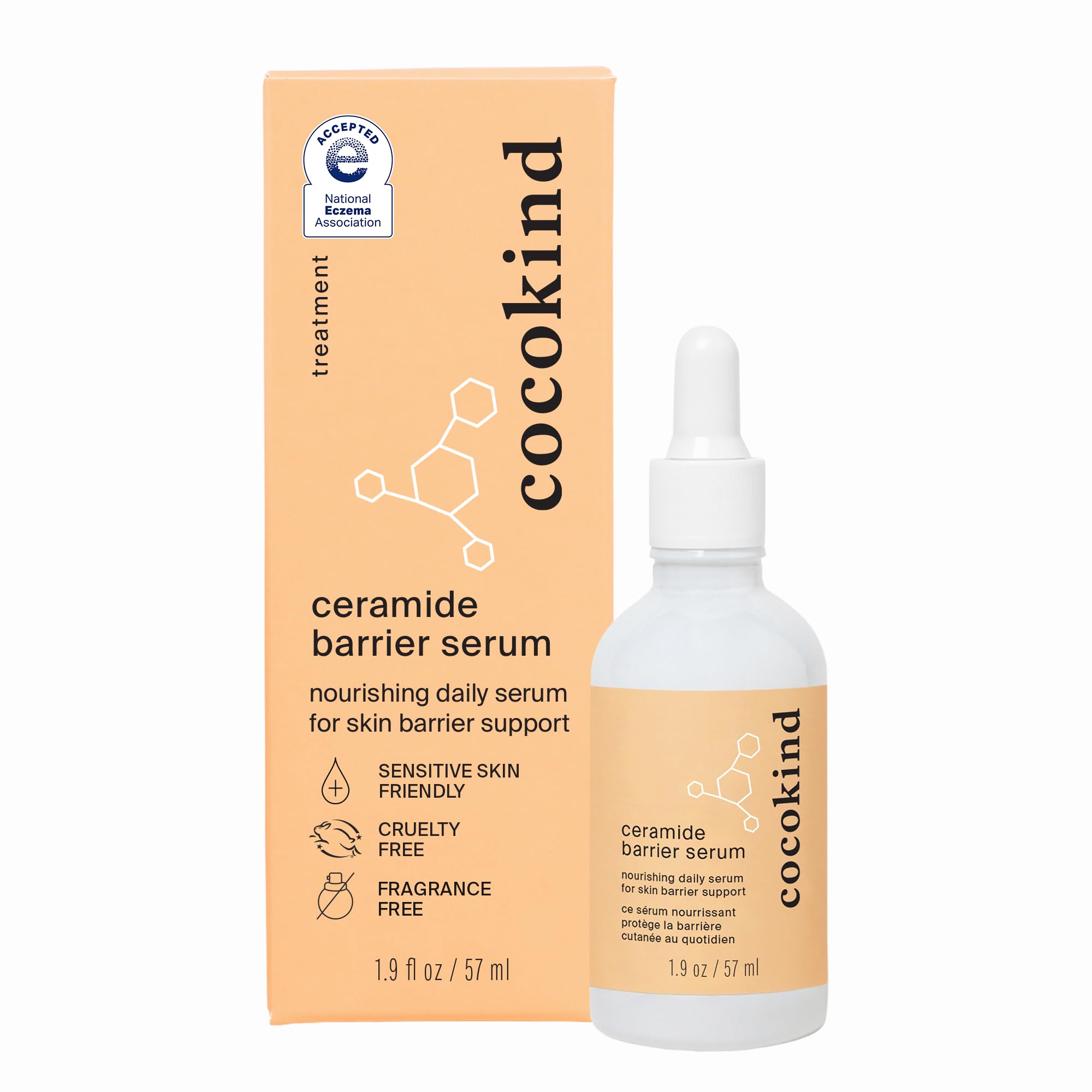 Cocokind Ceramide Barrier Serum bottle shows hydration and barrier support for all skin types.