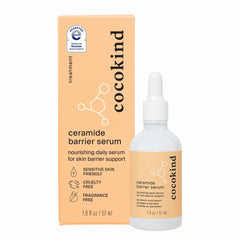 Cocokind Ceramide Barrier Serum bottle shows hydration and barrier support for all skin types.