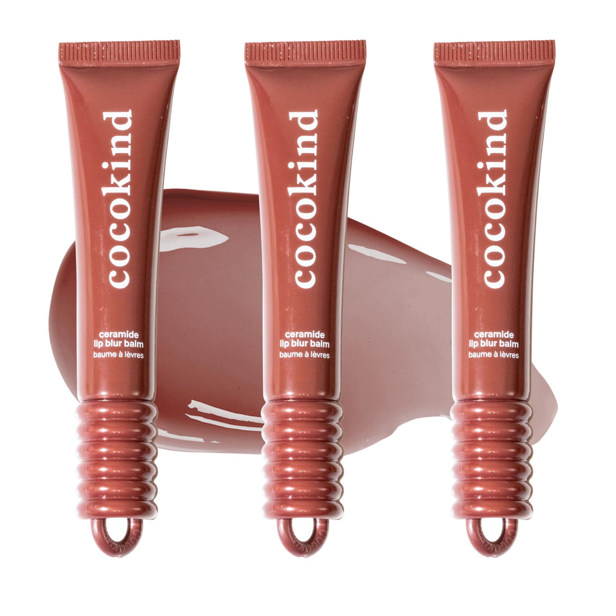 Cocokind Ceramide Lip Blur Balm Be You 3-pack closeup showing glossy hydration
