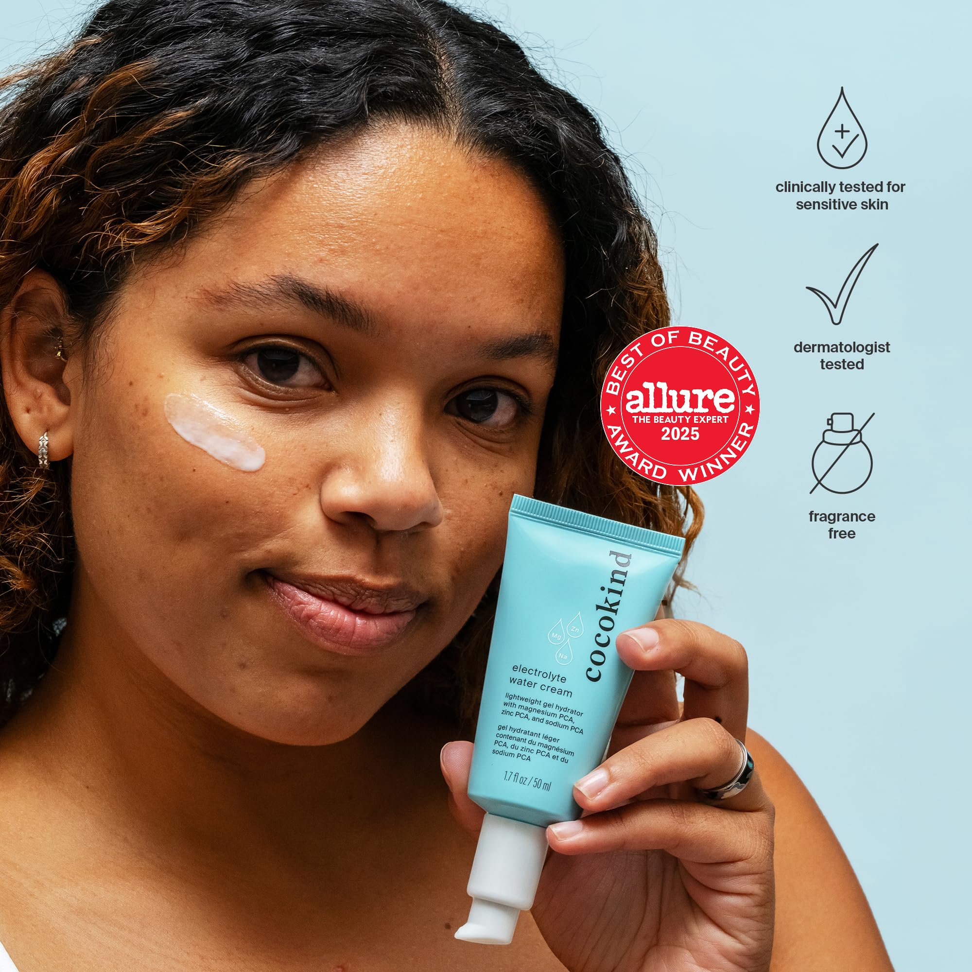 Cocokind Electrolyte Water Cream on the face offers a shine-free finish.