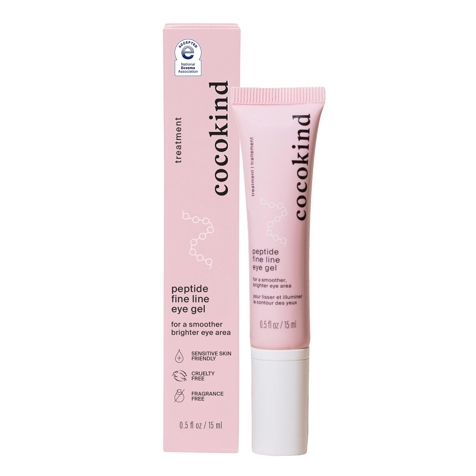 Cocokind Peptide Eye Gel bottle with pump delivering easy, fragrance-free hydration.