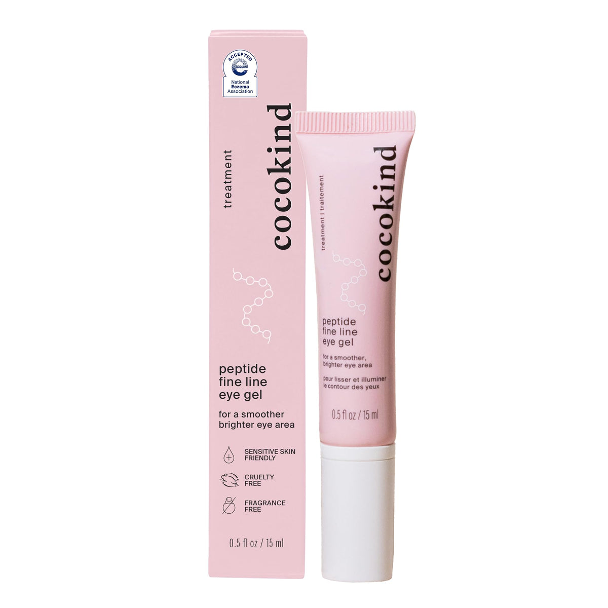 Cocokind Peptide Eye Gel bottle with pump delivering easy, fragrance-free hydration.