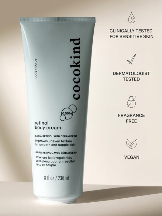Cocokind Retinol Body Cream texture swirl shows lightweight, non-greasy feel.