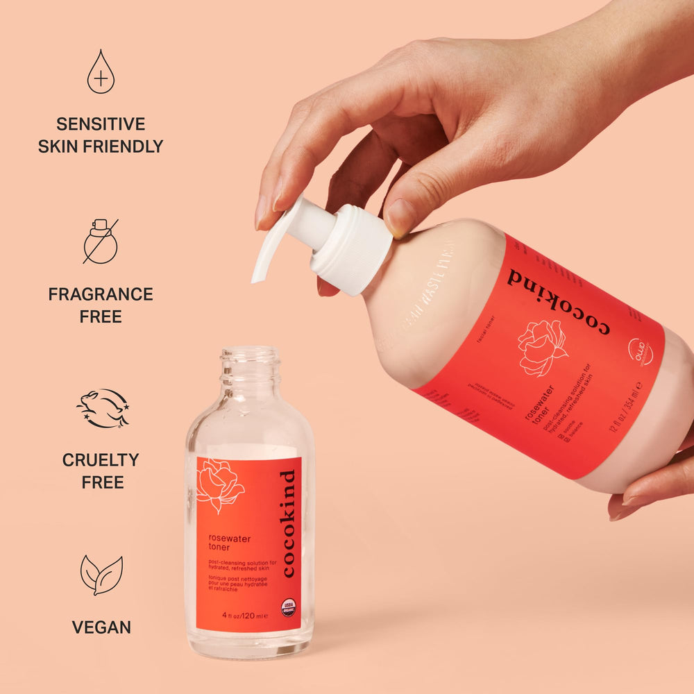 Cocokind Rosewater Toner mist demonstrates refreshing skin hydration.