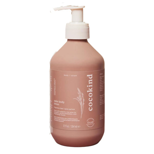 Cocokind Sake Body Lotion bottle front, fragrance-free formula for gentle exfoliation.
