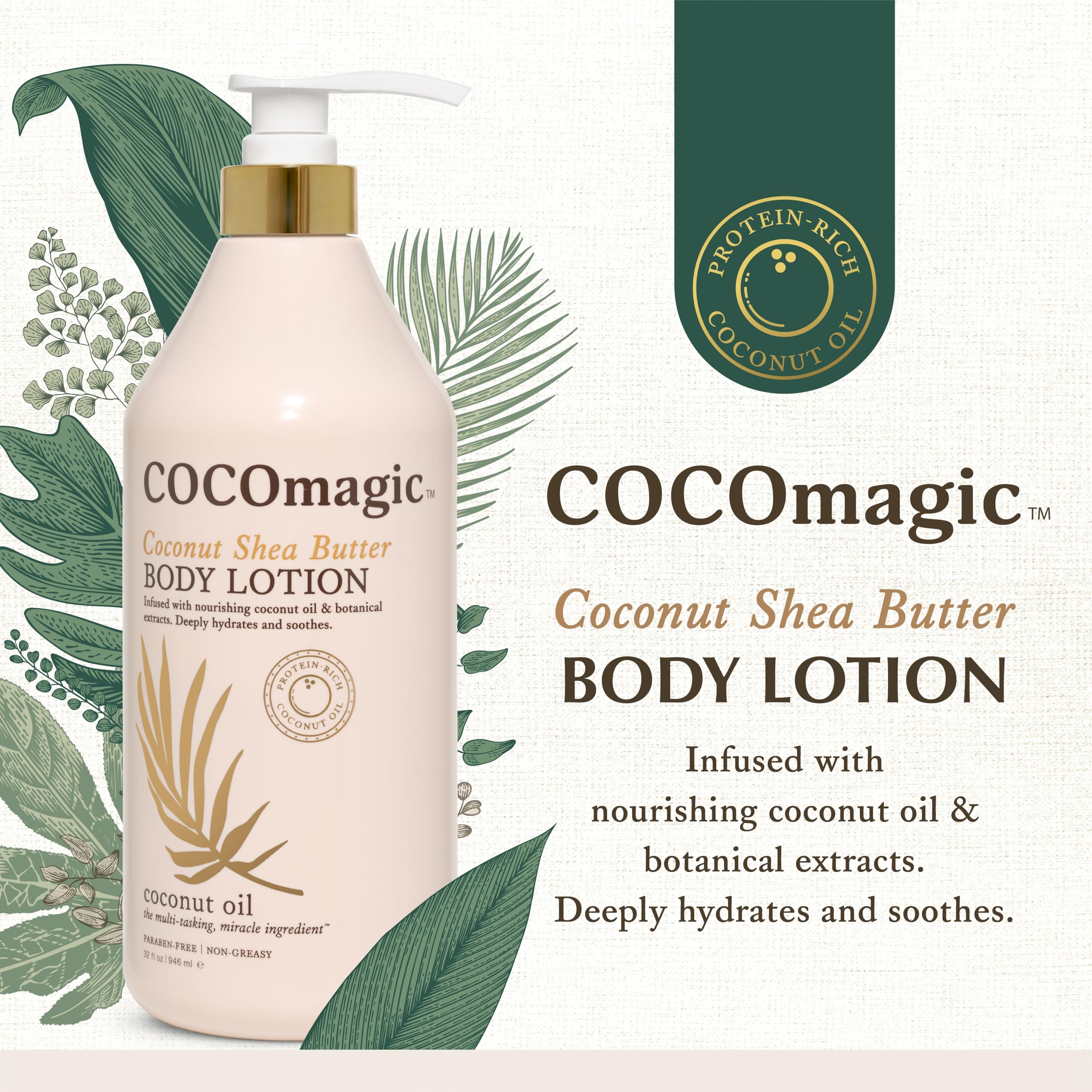 Cocomagic coconut oil and botanical extracts display for rich hydration and soothing care.