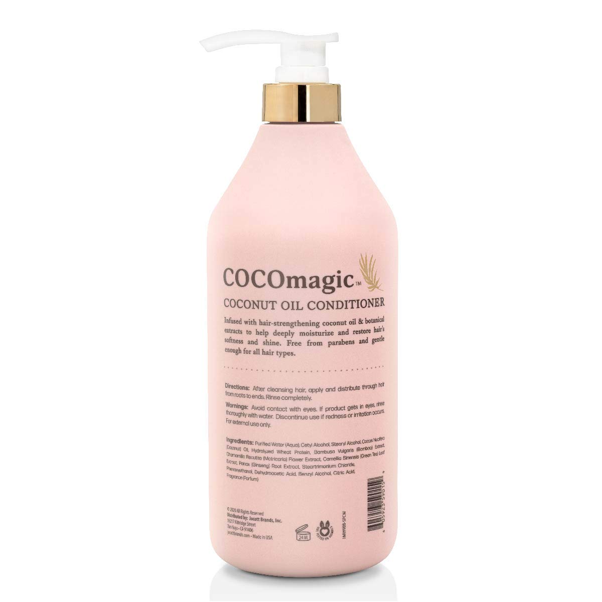 Cocomagic conditioner bottle showcasing bamboo, chamomile, green tea, and ginseng extracts.