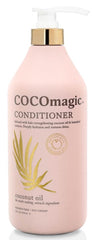 Cocomagic conditioner bottle highlighting coconut oil for deep hydration and shine.