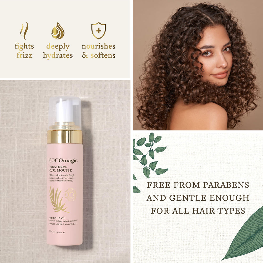 Cocomagic Frizz-Free Curl Mousse on curls delivering hydration and soft hold