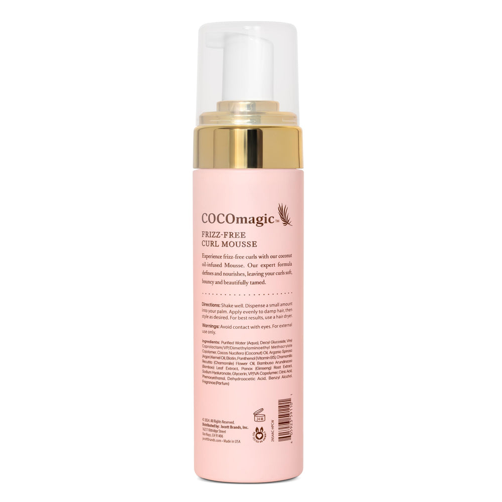 Cocomagic Frizz-Free Curl Mousse foam showing lightweight hold for defined curls