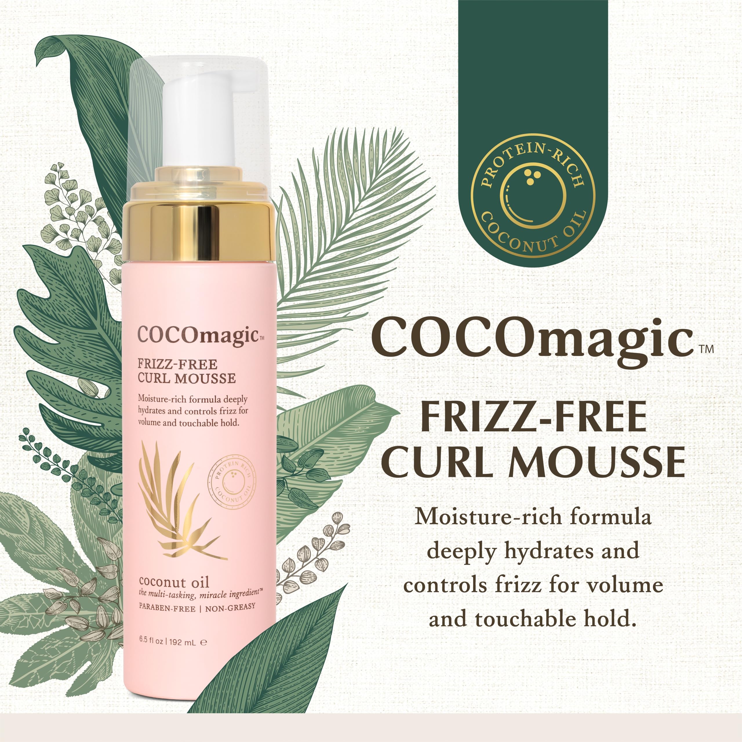 Cocomagic Frizz-Free Curl Mousse close-up on defined curls with smooth texture