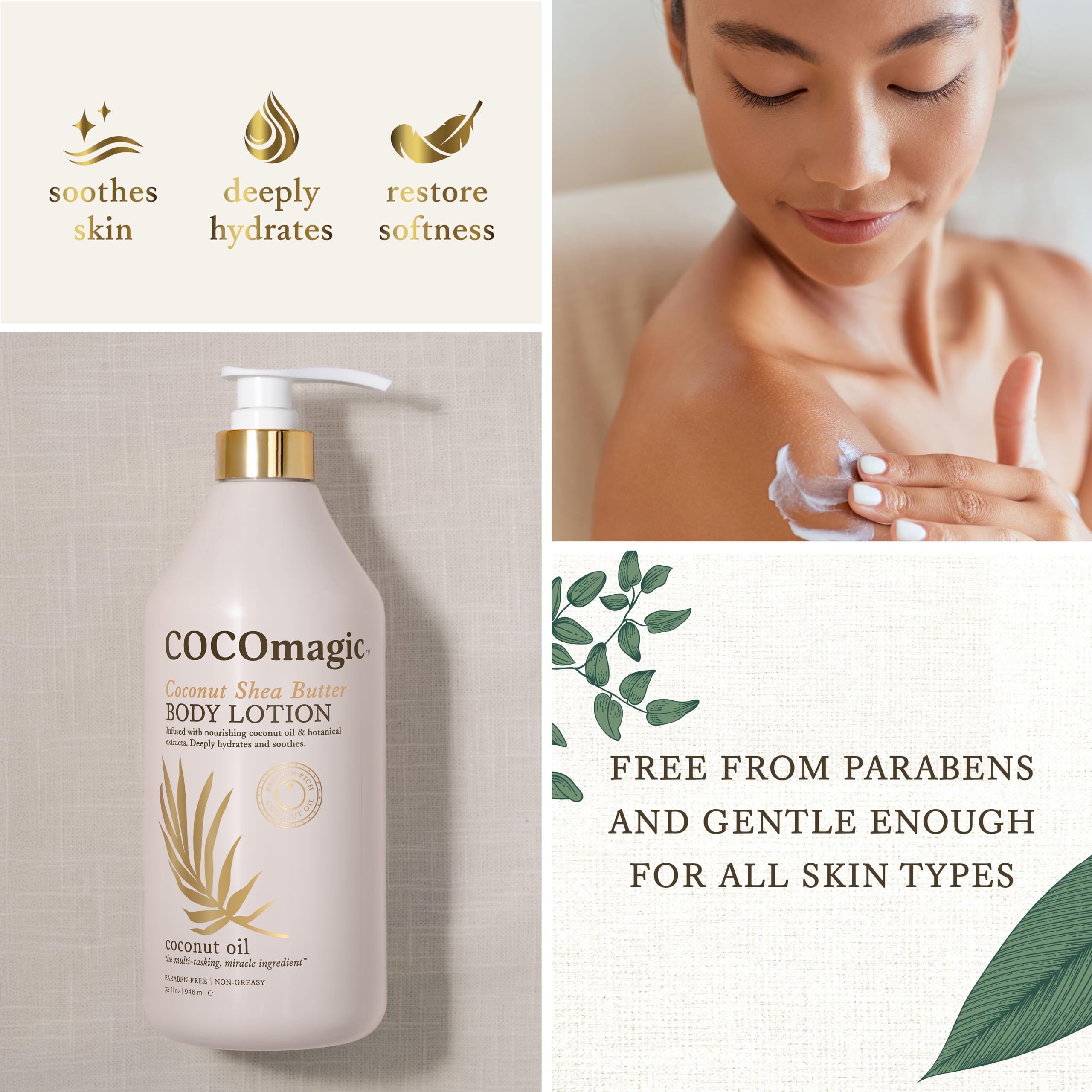 Cocomagic spa-like daily hydration application evokes gentle, comforting skincare routine.