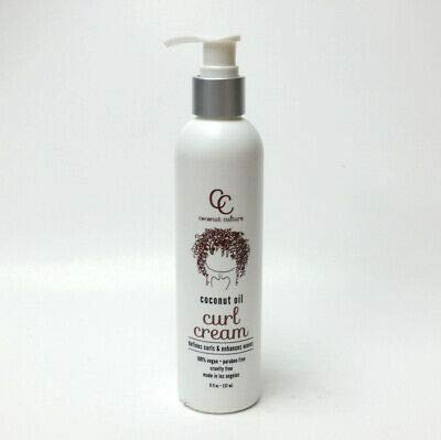 Coconut Culture Curl Cream bottle front highlights vegan, paraben-free formula for defined curls.