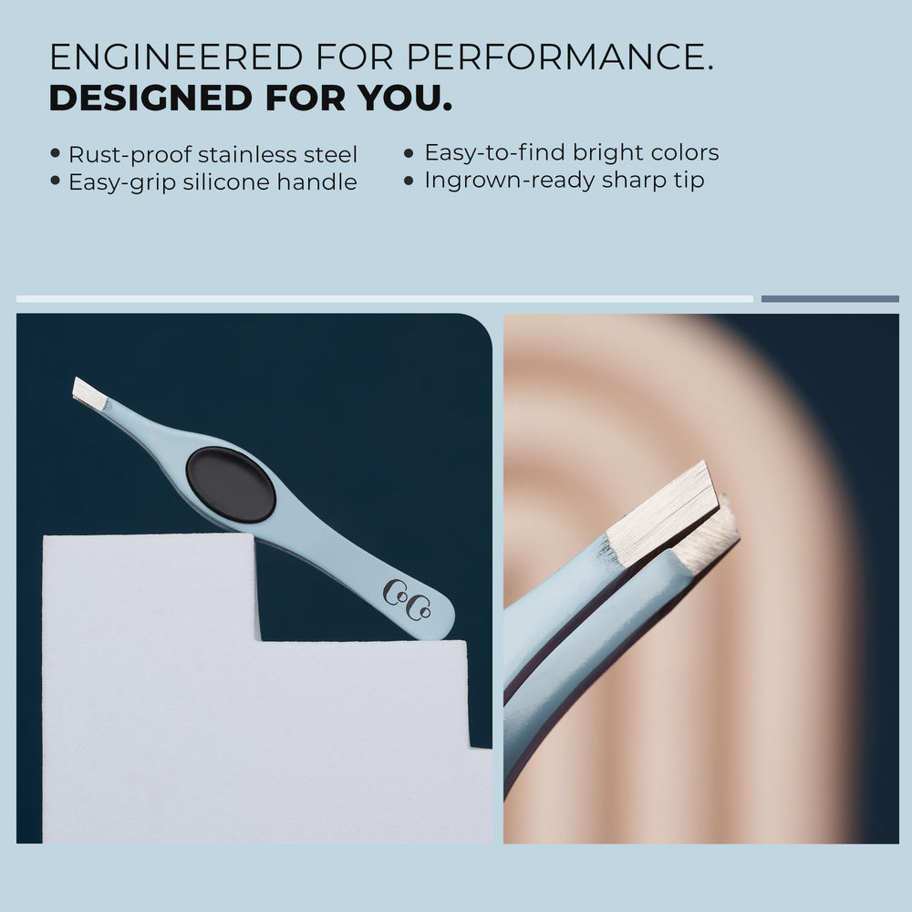 Coco's Closet travel pouch paired with compact tweezers for on-the-go grooming.