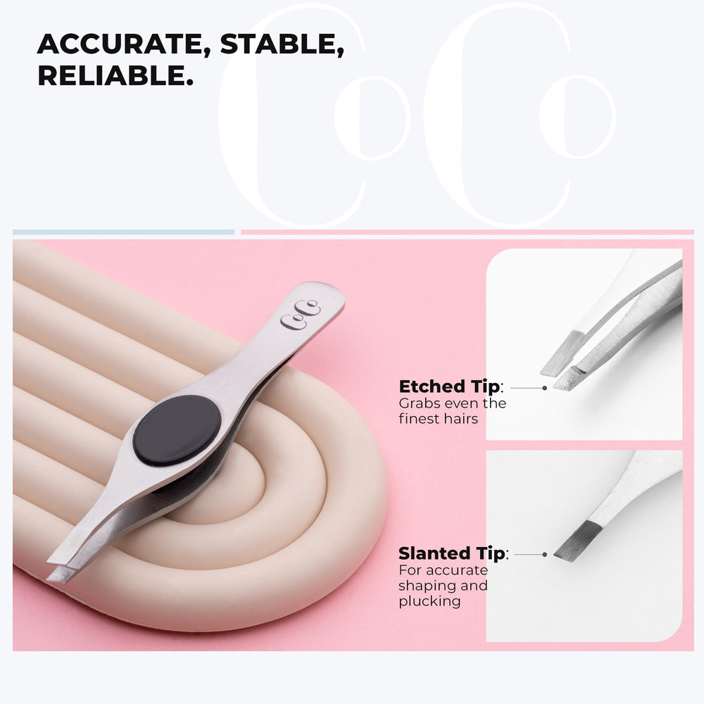 Coco's Closet hand-inspected tweezers emphasizing reliability and durability.