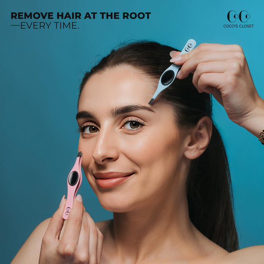 Coco's Closet surgical-grade steel tweezers showing durable grip and edge stability.