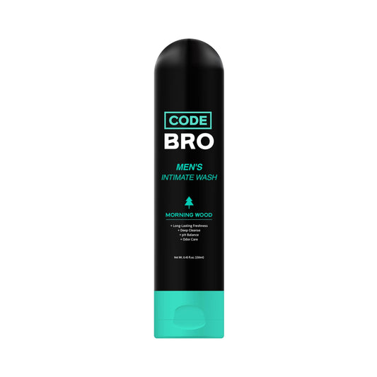Code Bro Morning Wood wash bottle front view highlights masculine design and daily freshness