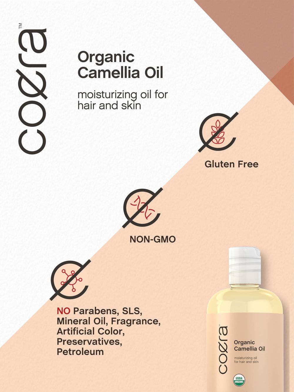 Coera Camellia Oil used on hair ends for moisture and shine.