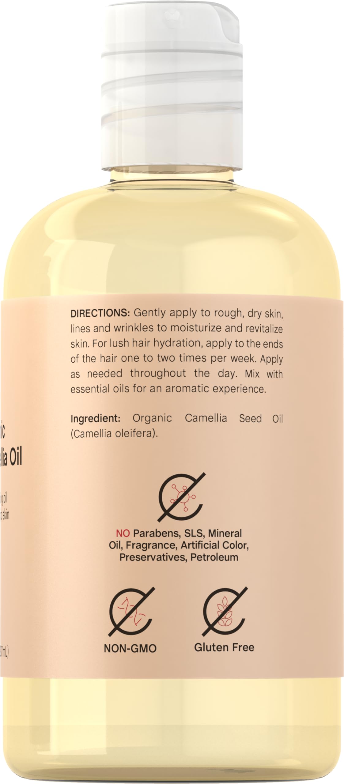 Coera Camellia Oil ingredients label emphasizing non-GMO, gluten-free formula.