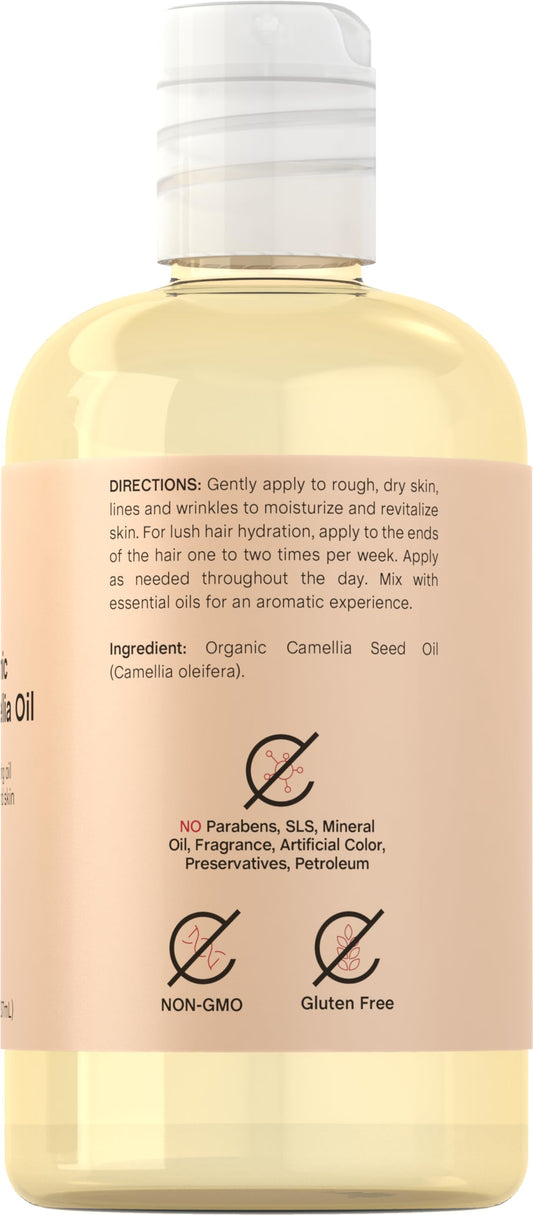 Coera Camellia Oil ingredients label emphasizing non-GMO, gluten-free formula.