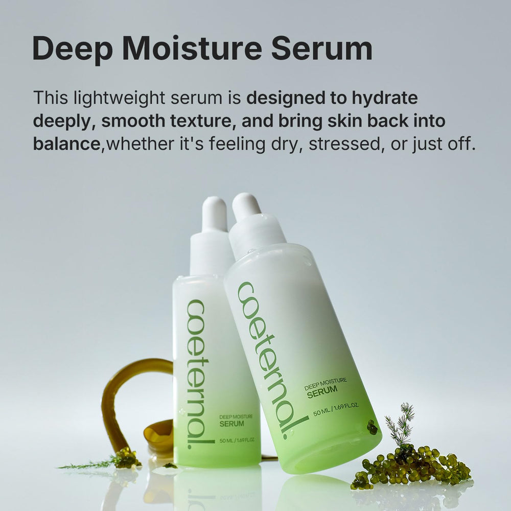 Coeternal Deep Moisture Serum label closeup showing fragrance-free formula.