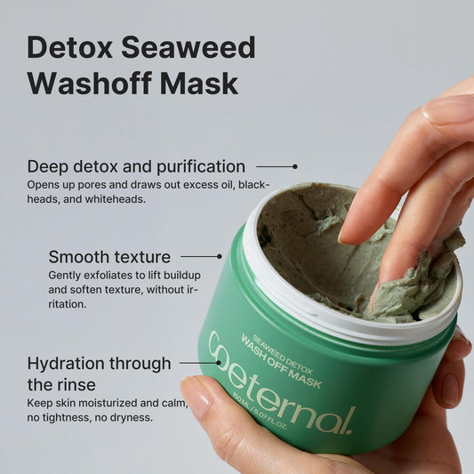 Coeternal Seaweed Detox Mask applied in a thin layer to set for pores refinement.