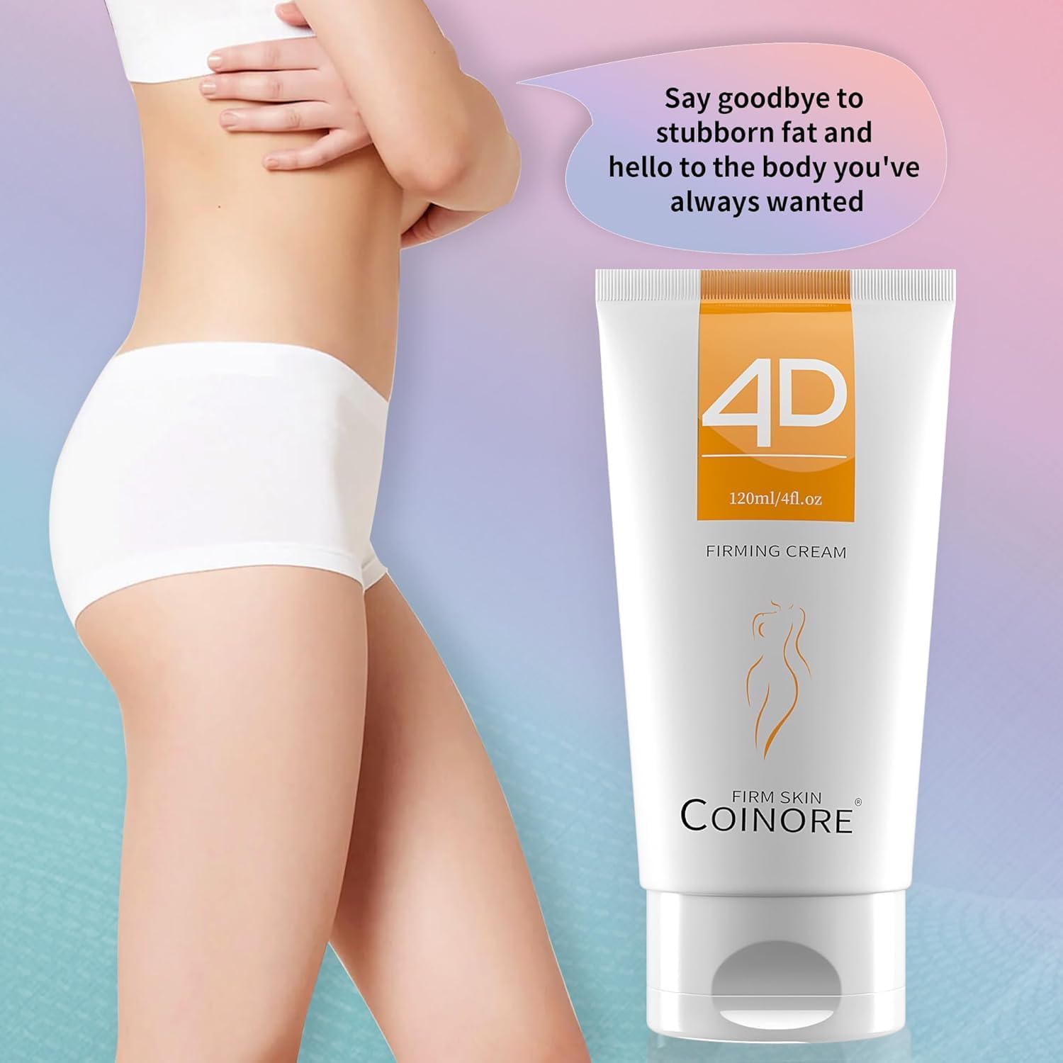 Before and after style layout featuring Coinore B Flat Belly Firming Cream results.