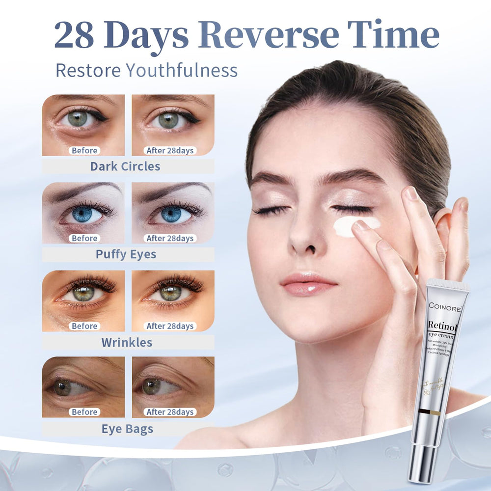 Coinore retinol under-eye cream being applied to the under-eye area