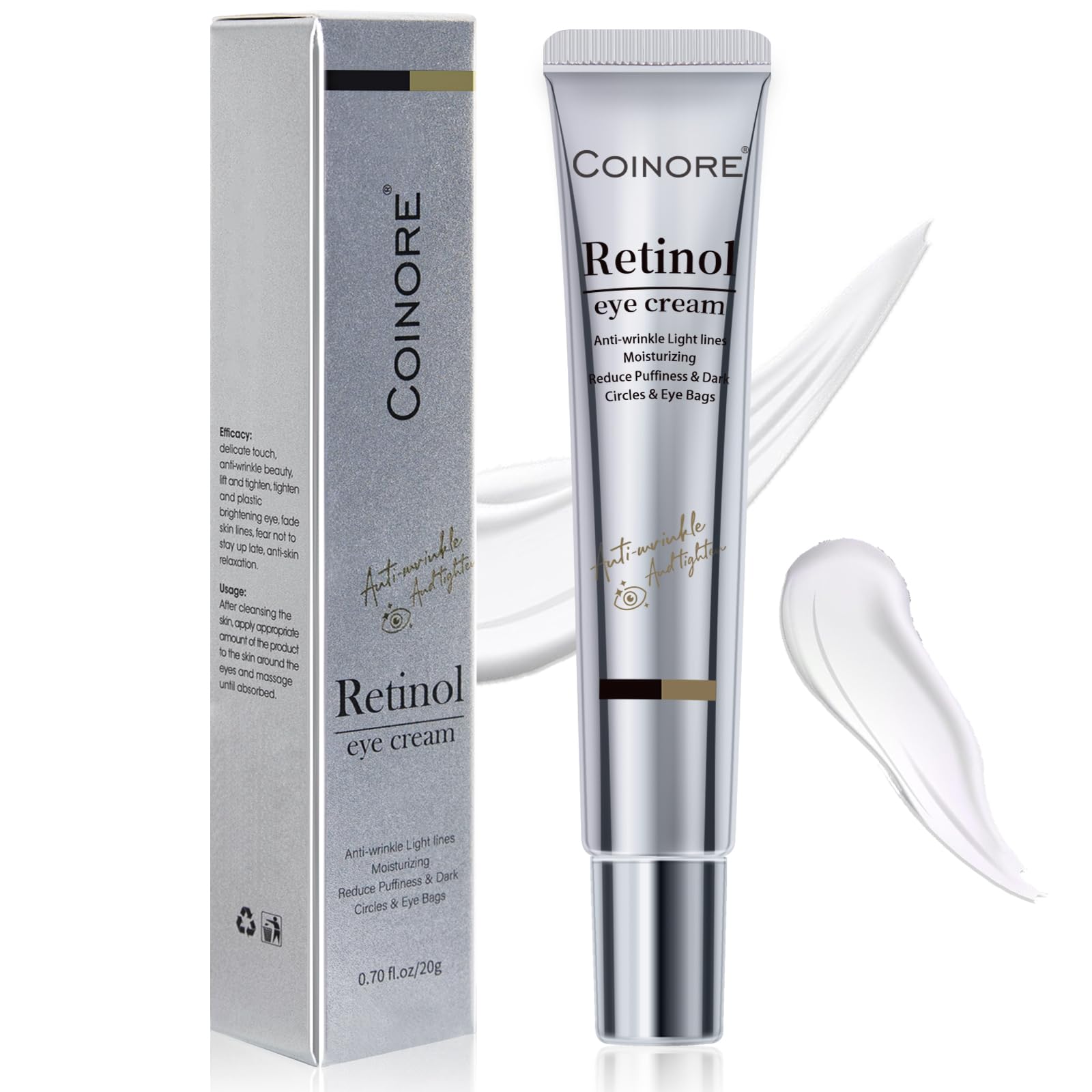 Coinore retinol under-eye cream packaging featuring vegan formulation for daily care