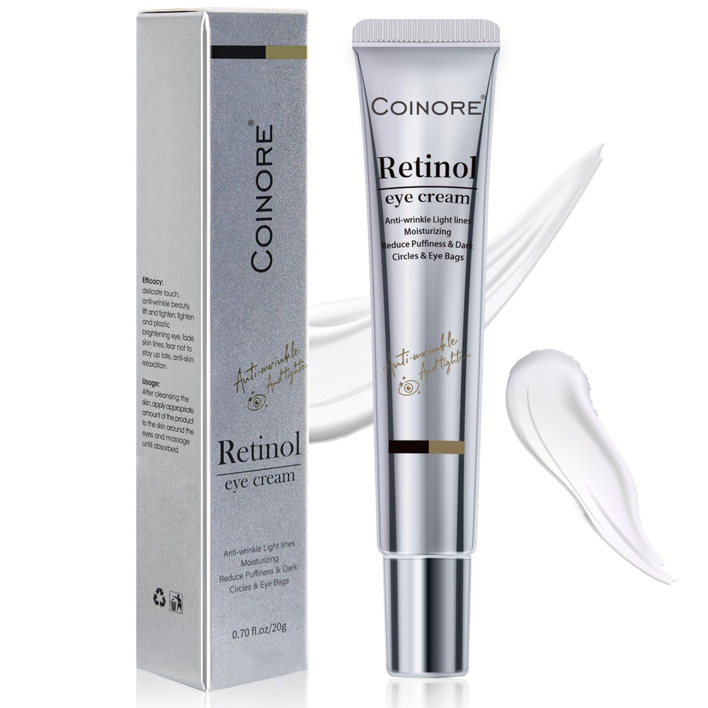 Coinore retinol under-eye cream packaging featuring vegan formulation for daily care