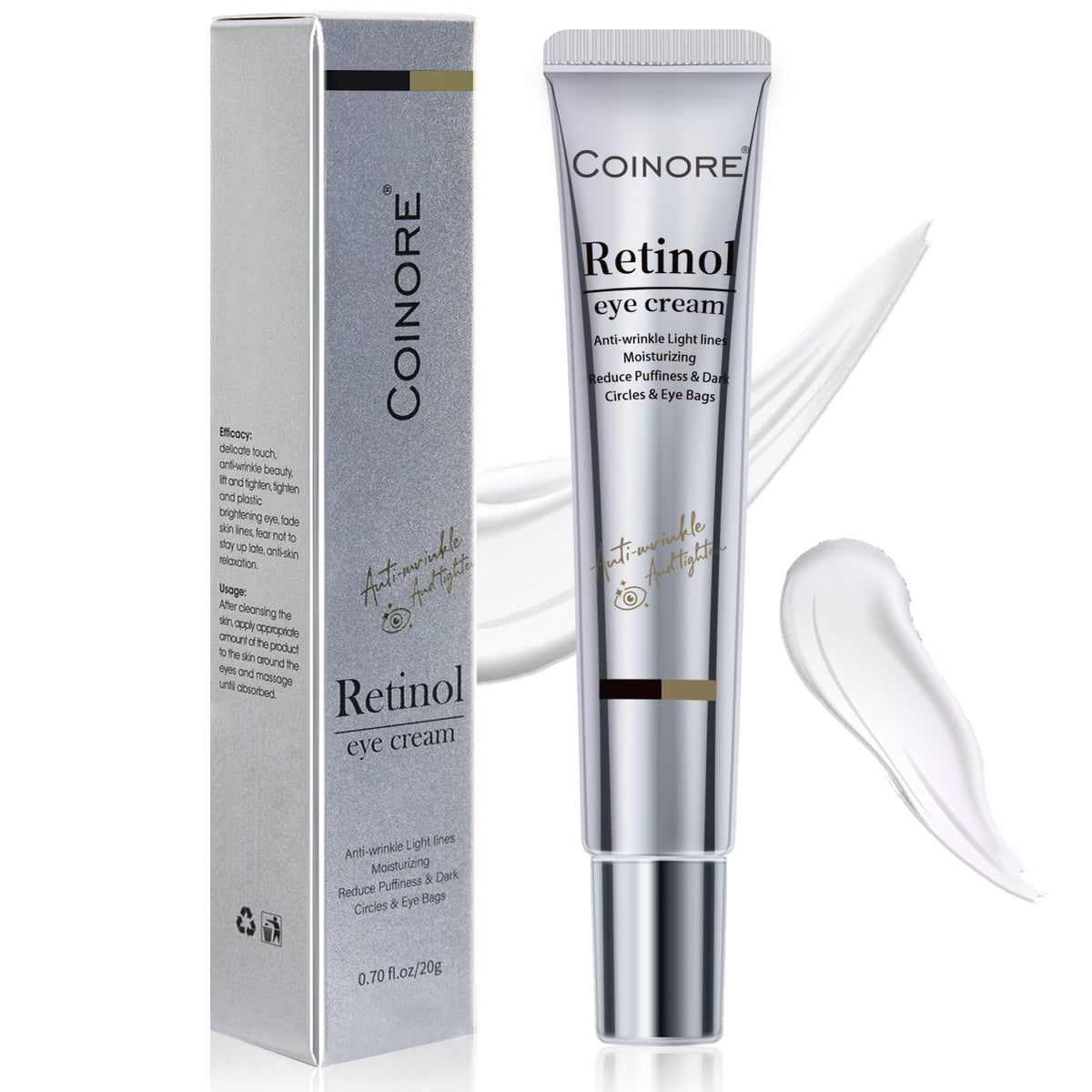 Coinore retinol under-eye cream packaging featuring vegan formulation for daily care